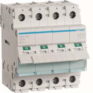 SBN490 ปรับแต่งได้ด้วยสวิตช์แบบไม่อัตโนมัติของ Hagers 4P 100A 400V AC 4 โมดูล DIN - Product Image 1