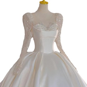 Wedding Dress Ball Gown Satin Sweetheart Neckline Long Sleeve <b>Floor</b> Length Plus Size Autumn Bridal Dress - Product Image 5