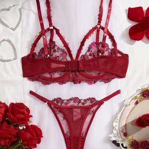 Wholesale Floral Embroidery Lingerie <b>Set</b> <b>Sexy</b> Sheer Mesh Underwire Bra and Thong Panties <b>Set</b> 2 Piece Lace Underwear <b>Set</b> OEM ODM - Product Image 2