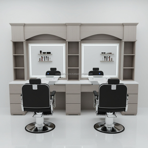 Station de barbier en bois vert au design classique avec miroir LED durable, 4 places, multiples espaces de rangement pour hommes, salon de coiffure - Product Image 3