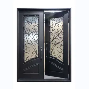 Cửa trước bên ngoài outswing đôi nhập cửa sắt rèn cửa sắt hiện đại với kính cho ngôi nhà