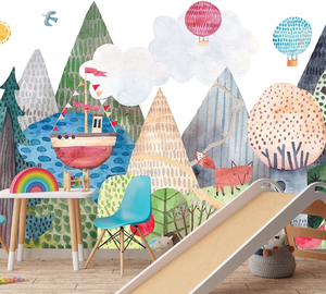 Papel Tapiz Mural Moderno Impermeable con Diseño de Nubes, Globos, Ardillas y Bosque Cómico para Habitación Infantil, Sala de Estar o Dormitorio - Product Image 2