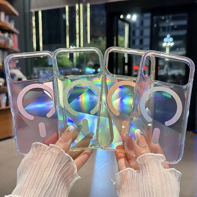 IMD Neon Gradient Laser Color Clear Phone Case for iPhone 14 15 16 17 Pro Max Wireless Charging Strong Magnetic Shockproof Cover