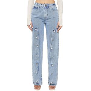 Jean droit bleu moyen personnalisé pour femme, pantalon en denim boutonné style mom - Product Image 1
