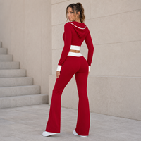 Ensemble de sweat-shirt à fermeture éclair OEM pour femmes, rouge et blanc contrasté, veste courte à fermeture éclair slim avec pantalon évasé sport taille haute, ensemble deux pièces