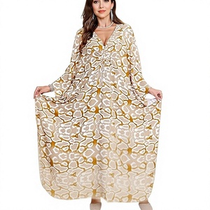 V-Neck Batwing Sleeve Geometric Print Chiffon Maxi <b>Kaftan</b> Loose Fit <b>Summer</b> Casual Dress Breathable Wrap And Tie Style - Product Image 1