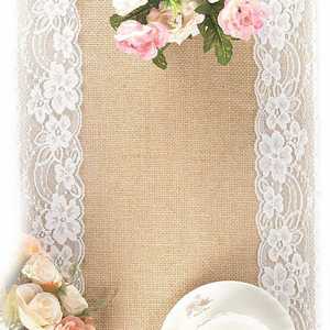 Chemin de table en jute décoré de dentelle des deux côtés pour mariage, fête, banquet, décoration de table - Product Image 4