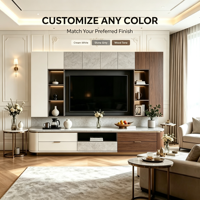 Meuble TV mural moderne sur mesure pour appartement, avec poignées en laiton doré, éclairage LED, casiers et lambris écologiques