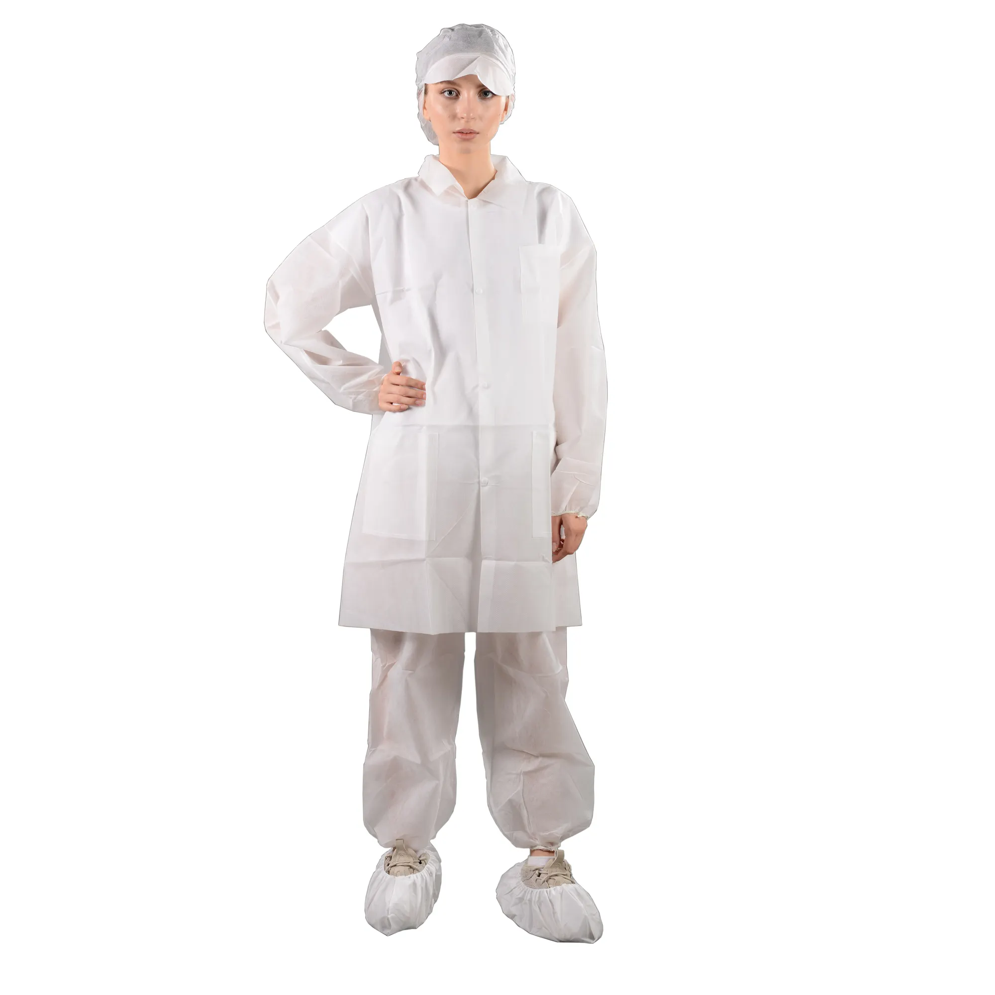 Casacos de laboratório descartáveis não tecidos, uniforme de cobertura do laboratório das mulheres descartáveis