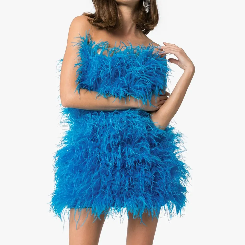 Fashion Blue Lilac Pink Women Sexy Mini Feather Evening Dress Cocktail Club Ostrich Feather Dress for Ladies