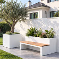 Banc de jardin extérieur commercial en métal avec jardinière et siège en bois, mobilier de jardin et de terrasse sur mesure, fournisseur direct d'usine