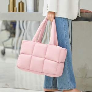Bolso de Mano Grande y Acolchado para Mujer, Estilo Mensajero, Azul a Cuadros, el Más Vendido, Suave y Esponjoso, de Algodón Acolchado, Bolso Tote Moderno - Product Image 1
