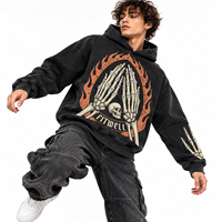 Sweat à capuche streetwear noir délavé personnalisé avec motif squelette mains en prière et flammes, orné de strass, pour marques de mode