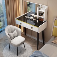 Table de maquillage moderne en bois massif de style nordique, durable, noire, avec miroir LED 3 couleurs, meuble de chambre à coucher pour appartement ou hôtel