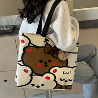 Bolso de lona de algodón personalizable de gran capacidad, bonito logotipo con patrón de dibujos animados, cierre abierto portátil sencillo con cremallera para uso diario