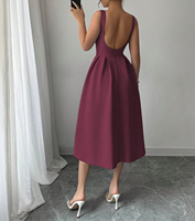 Robe midi plissée sans manches bordeaux décontractée et polyvalente pour femme, col bateau, dos nu, coupe trapèze