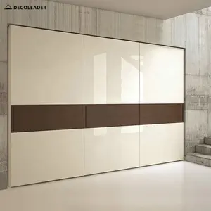 Flush Fitted Coplanar Sliding Door Wardrobe Closet with High Gloss Lacquer and Wood Veneer Finish