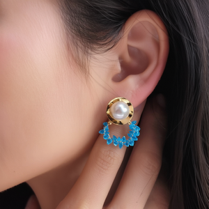 Fashion <b>Stud</b> <b>Earrings</b> PVD Gold Plated 316L Stainless Steel Pearl <b>Blue</b> Crystal Dangle Design - Product Image 3