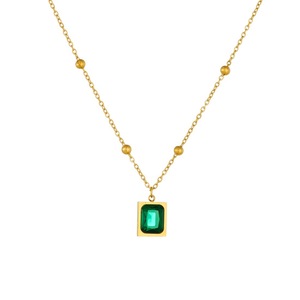 Geometric Square Pendant Gold Plated Stainless Steel Chain Necklace Green Stone Bezel Setting Daily Wear Gift Jewelry - Product Image 5