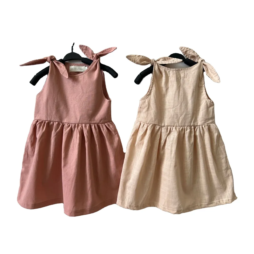 Cotton linen Toddler Twirl Green pink Baby Girl Dress