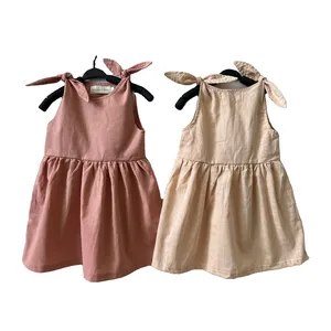 卸売カスタムサマーコットンリネン幼児ツワールグリーンピンク女の赤ちゃんドレス