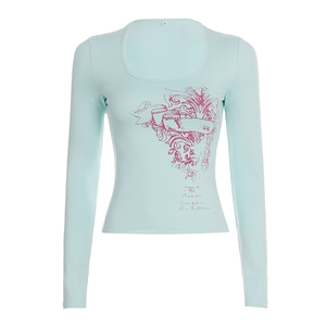 Haut en tricot à imprimé rétro lor Block, T-shirt à manches longues et col rond pour femme, haut décontracté basique, mode streetwear vintage Y2K - Product Image 6