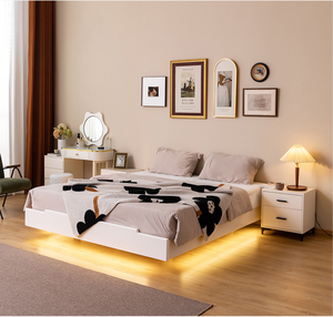 Cama Suspendida de Madera Maciza de Alta Gama Personalizada con Lámpara de Inducción de Lujo para Dormitorio Principal - Diseño Crema - 1.2-1.8 Metros - Product Image 5