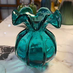 Crystal Coast Teal Glass <b>Vase</b> with Ruffled Rim Hand Blown Art Deco Design <b>Unique</b> Tabletop <b>Vase</b> for Wedding Home Garden Decor - Product Image 5