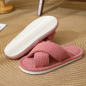 Women Waffle Fabric Indoor Slipper Quiet Cross Upper Lightweight Anti-Slip Home Spa Hotel Open Toe Winter Slippers - Product Image 3