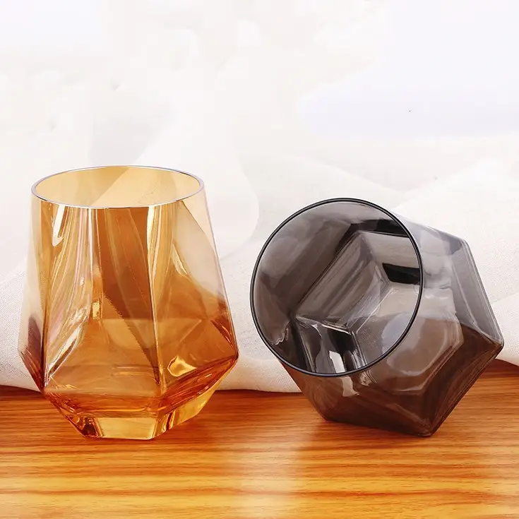 Groothandel 300Ml ~ 400Ml Kleurrijke Gouden Rand Wijn Whisky Geometrische Diamant Zeshoekige Vorm Drank Glas Cup