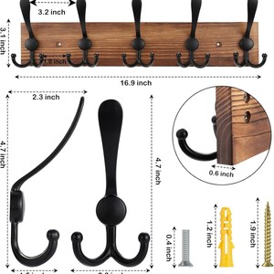 Wooden Wall Mounted Coat <b>Hooks</b> With 5 <b>Black</b> Hangers For Clothes And Bags Entryway Organizer - Product Image 5