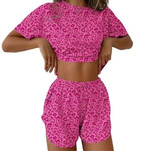 Pyjama pour femmes, respirant, imprimé léopard, tendance, doux, en viscose/polyester, haut à manches courtes, taille élastique - Product Image 5