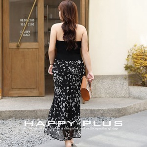 Falda Midi de Gasa con Estampado de Mariposas de Cintura Alta, Talla Grande 45, Negra, Falda Estampada Ajustada con Corte en Diagonal para Mujer - Product Image 2