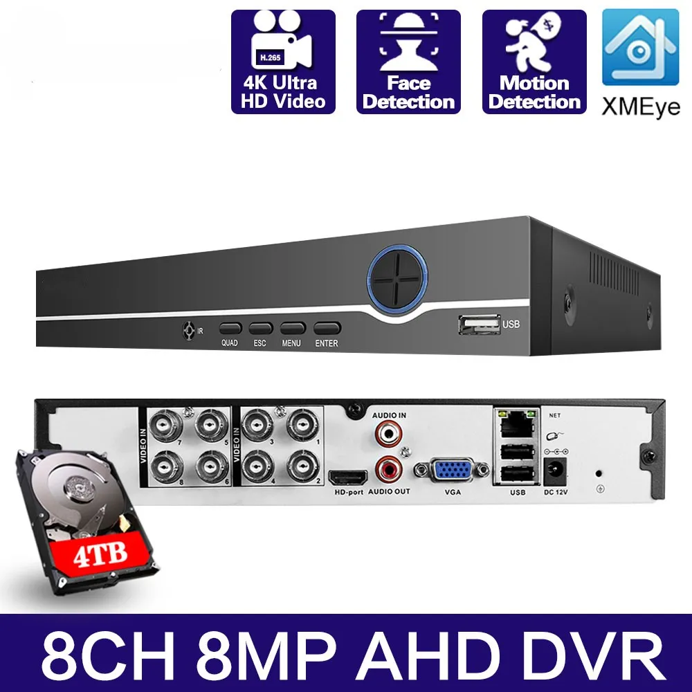 8ch 4K Super Hd Cctv Dvr H.265 Grabadora de video digital de vigilancia para 2mp/3mp/4mp/5mp/8mp Ahd Ip Cámara Xmeye Hybrid Nvr System