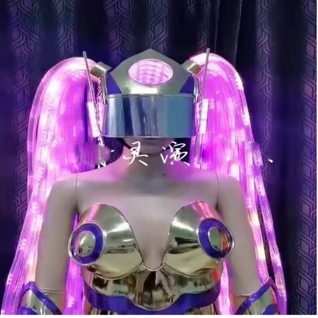 Color Changing LED Futuristic Tech Costume | Silver & Gold Mirror Suit with Light up Wig & Headpiece