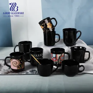 Yemek takımı Opal yemek takımları siyah opal cam fantezi tasarım 13.5oz cam kupa içme kupa çatlak dayanıklı kahve çay kupa