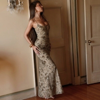 Robe longue bustier à fines bretelles pour femme, idéale pour soirée, mariage, en cachemire, motif floral, moulante, élégante, 3673