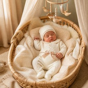Tutina in cotone KAIYUE per neonati, lavorata a maglia con motivo a rombi, con piedini, fiocco a perla, <span class=keywords><strong>set</strong></span> multicolore con cappellino - Product Image 6