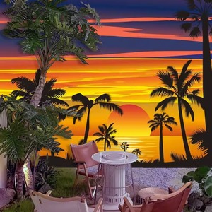 วอลเปเปอร์กันน้ำป้องกันไฟฟ้าสถิตย์ลายพระอาทิตย์ตกดินชายหาดฮาวาย ต้นปาล์มเอเชียตะวันออกเฉียงใต้ สำหรับตกแต่งร้านอาหารไทย บาร์สไตล์แคมป์ปิ้ง - Product Image 1