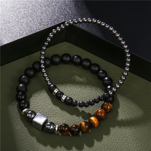 Ensemble de bracelets œil de tigre et hématite pour hommes, perles noires mates, cube argenté, élastique, pierres précieuses, bijoux faits à la main, vente en gros - Product Image 3