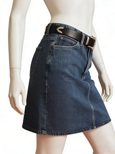 Minifalda vaquera azul oscuro de cintura alta, estilo vintage, lavada, ajustada, informal. - Product Image 2