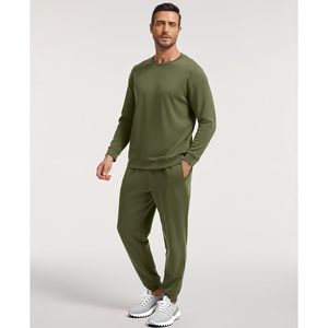 <b>Men's</b> Olive Green Casual Sweatshirt And Joggers <b>Set</b> Crew Neck Long Sleeve Solid Color Knitted Breathable Autumn Wear - Product Image 1