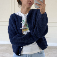 Cardigan en maille de mohair pour femme, style simple et élégant, col rond, manches longues, décontracté et tendance
