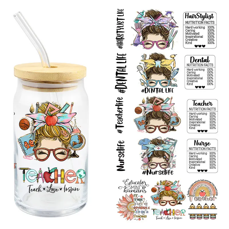 CHINESE WAREHOUSE Customizable16oz Clear Frosted Glass Jar UV DTF Cup Wrap Sticker for Glass Beer Can