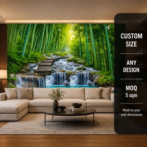 Mural de Pared Personalizado con Diseño de Bosque de Bambú y Cascada, Lienzo con Óleo, Loto y Pez Dorado, Papel Tapiz Zen para Sala de Estar, Dormitorio, Hotel - Product Image 3