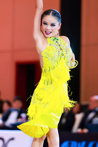 Vestido de Danza Latina Vennystyle para Niñas, Diseño Floral, para Competencia y Práctica, Nuevo, con Borlas Amarillas, Material de Spandex y Algodón, Corte Entallado, para <span class=keywords><strong>Rumba</strong></span> - Product Image 2