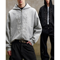 Sweat à capuche pour homme personnalisé de haute qualité avec perlage, capuche vintage, fermeture éclair, poche latérale ample, broderie, pull en coton éponge