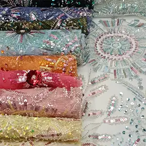 new 2023 design Factory direct sales tulle lace handmade beads with sequins mesh fabric for dress