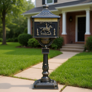 Retro Cast Aluminum Mailbox Black Finish Baffle <b>Door</b> Pedestal Security <b>Vintage</b> Style Key Lock Front Access - Product Image 2