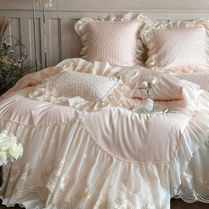 Juego de Ropa de Cama Girlish 140S de Algodón de Fibra Larga, con Encaje Francés, Funda de Edredón Floral 3D, Estilo Falda de Cama, Color Rosa, 4 Piezas, para Uso Doméstico - Product Image 4